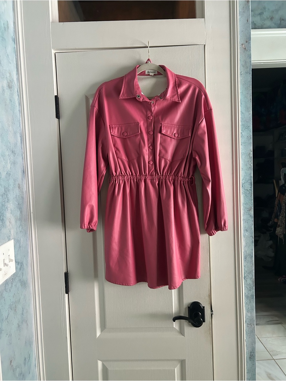 Womens Hot Pink Button-Front Mini Shirt pleather Dress with Elastic Waist